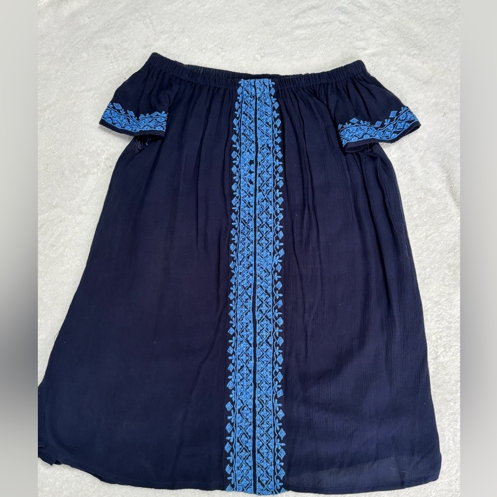 MARABELLE - Navy Blue with Wedgewood Blue Embroidery - Knee Length Dress